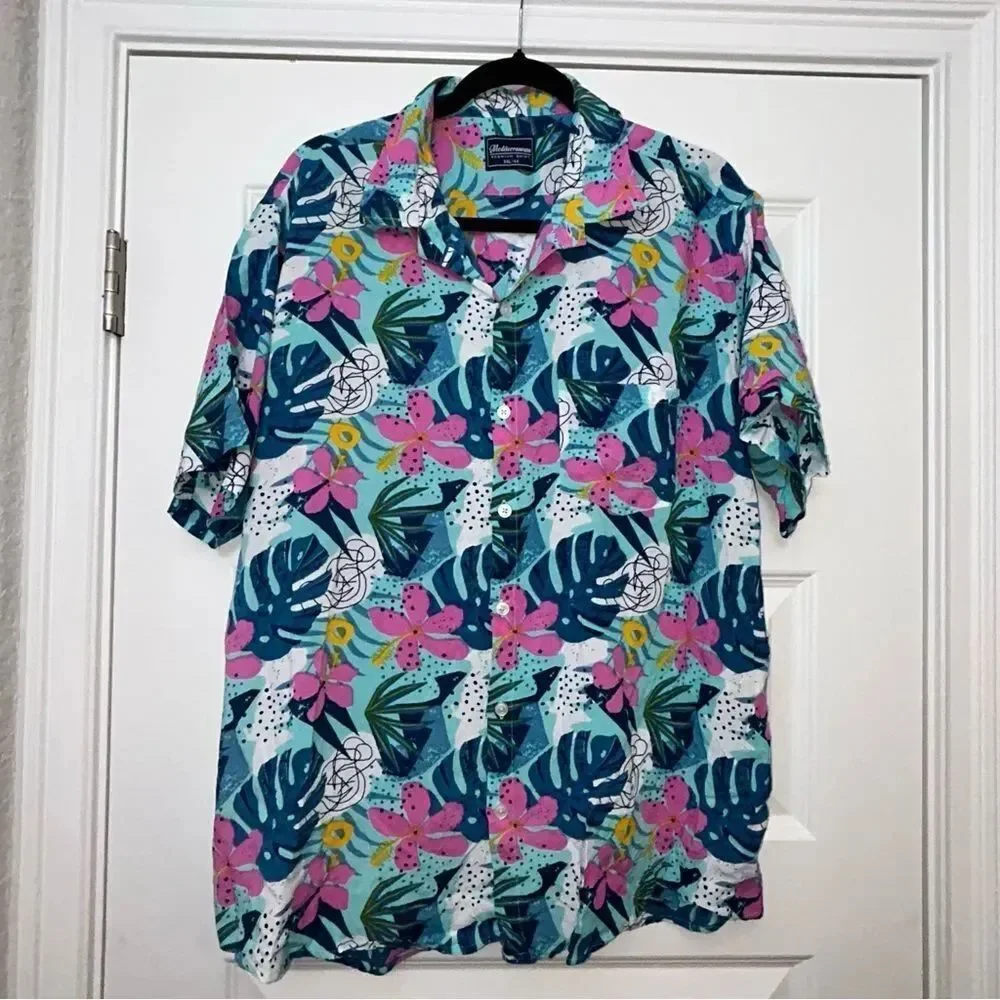 Mediterraneum Tropical Floral Print Button Front Short Sleeve Shirt